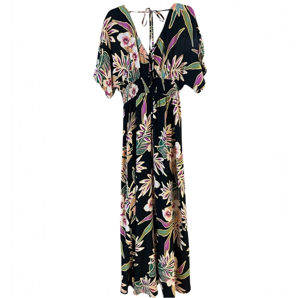 Oddi Black Tropical Floral Maxi Dress with tie back and side slits